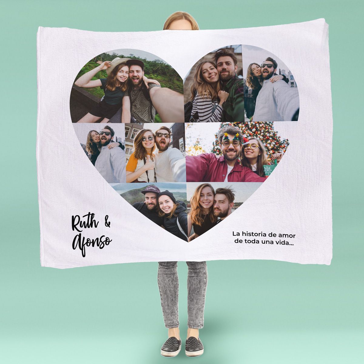 Manta personalizada con corazón, fotos y texto