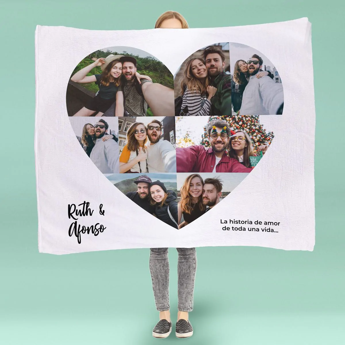 Manta personalizada con corazón, fotos y texto