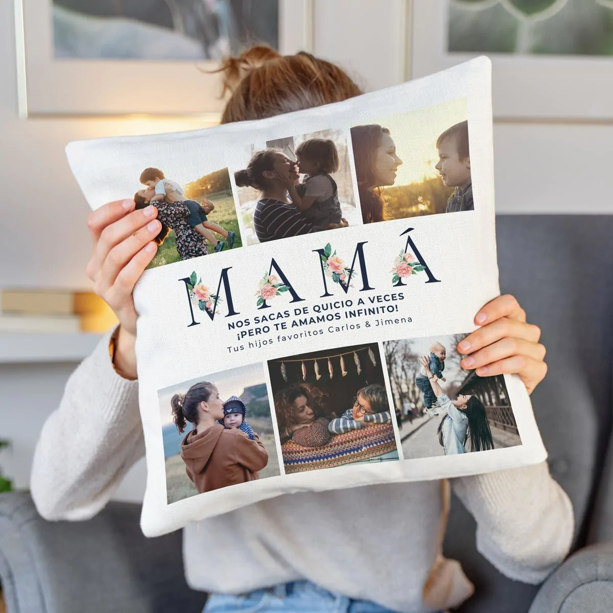 Funda de cojín personalizada con foto y texto para mamá 