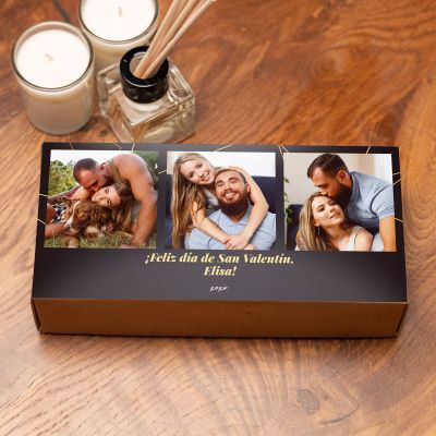 Set de velas aromáticas y difusor con 3 fotos y texto