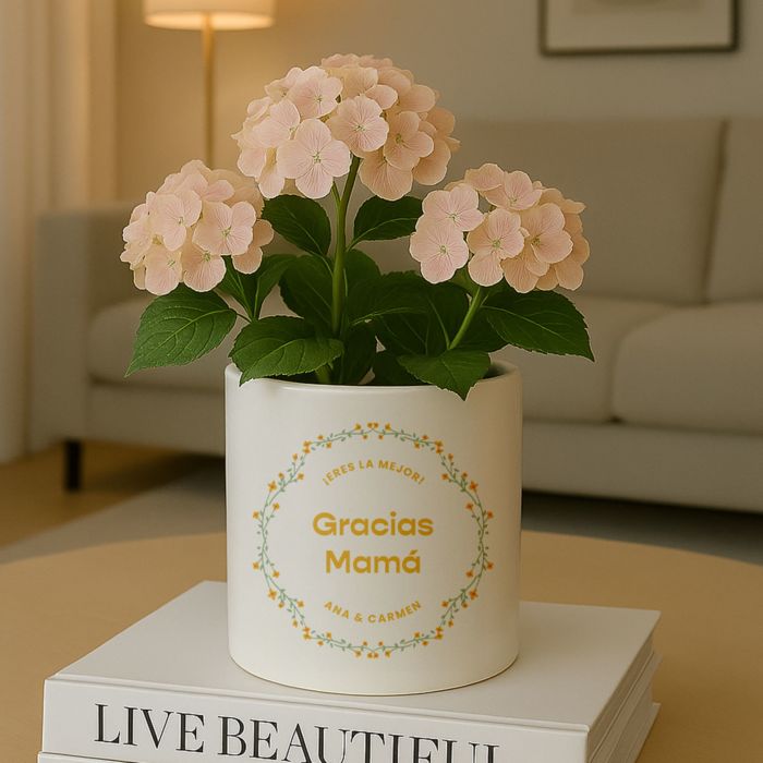 Maceta personalizable con texto y corona de flores