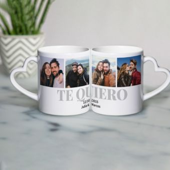Taza con asa de corazón con 4 fotos y texto